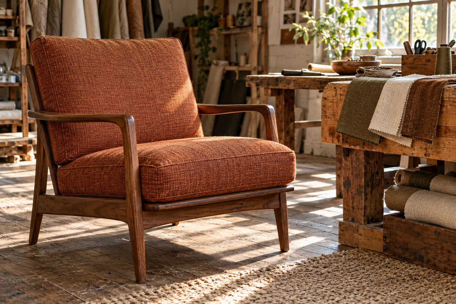 Illustrative rust-colored upholstered chair beside fabric swatches